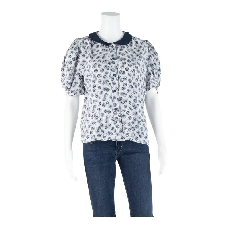 Womens Printed Blouse Blue Puff Sleeve Floral S