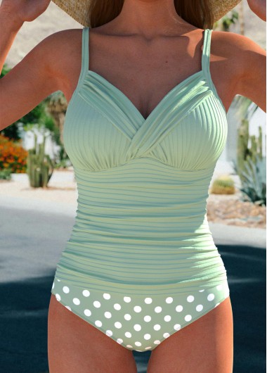 Modlily Ruched Polka Dot Sage Green Tankini Set - XL