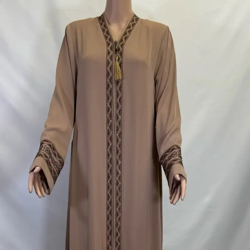 Brown and Beige Embroidered Abaya with Rhinestoned Details Maxi Length Fashionable Dress