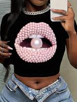 Women's Pearl Mouth Design Round Neck Tee, Fashion Casual Crew Neck Short Sleeve T-shirt for Daily Holiday Vacation Outdoor W...