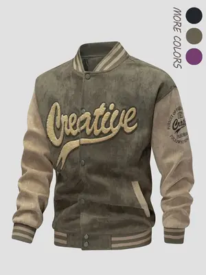 Men's Letter Embroidery Patchwork Button Front Varsity Winter Jacket, Loose Casual Long Sleeve Mock Neck Outerwear Coats Jack...