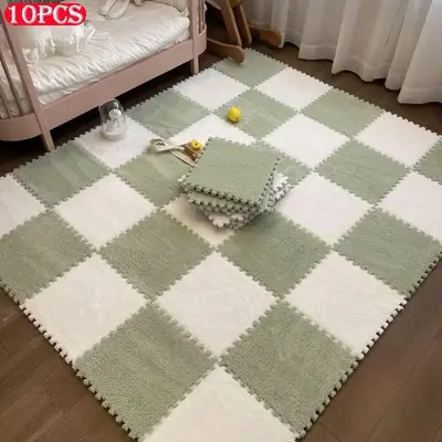 Colorblock Square Plush Floor Mat (10pcs), Soft Anti-slip Puzzle Area Rug, Interlocking Foam Floor Mat, Decorative Carpet for...