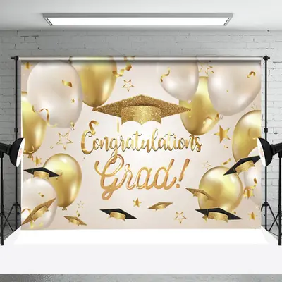 Golden Beige Balloon Hats Ribbon Graduation Backdrop - Aperturee