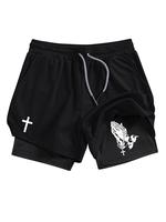 Men's Cross & Letter Print Pocket Gym Shorts, Regular Fit Breathable Quick Drying Shorts for Gym Workout Running, Men's Sport...