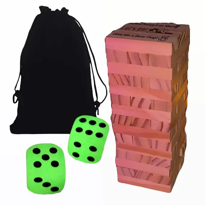 blocks,jenga for party,48Pcs Valentine Stacking Wooden Blocks with a Black Velvet Pouche and 2 Pieces Glow in The Dark Dice