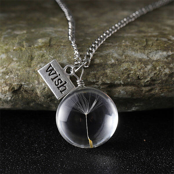 Clear Glass with Dandelion Inside Pendant Necklaces
