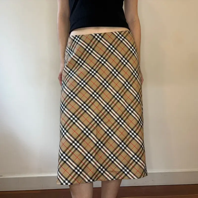 Unbranded Checked Midi Skirt - 26W UK 6 Brown Polyester Blend