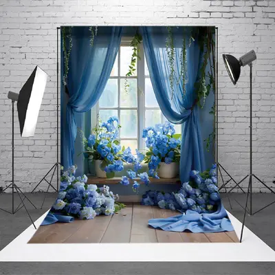 Aperturee Elegant Blue Floral Leaf Window Scene Photo Backdrop - Aperturee