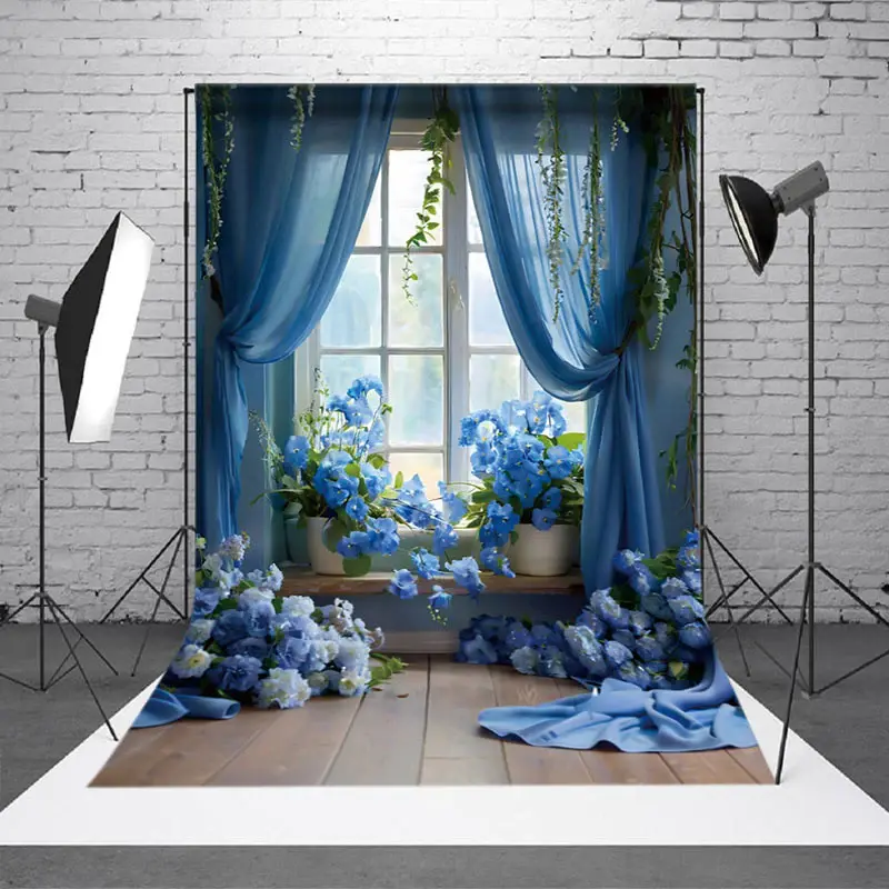Aperturee Elegant Blue Floral Leaf Window Scene Photo Backdrop - Aperturee