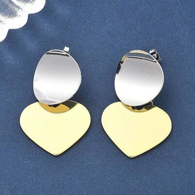 Two Tone Heart Brass Dangle Stud Earrings for Women