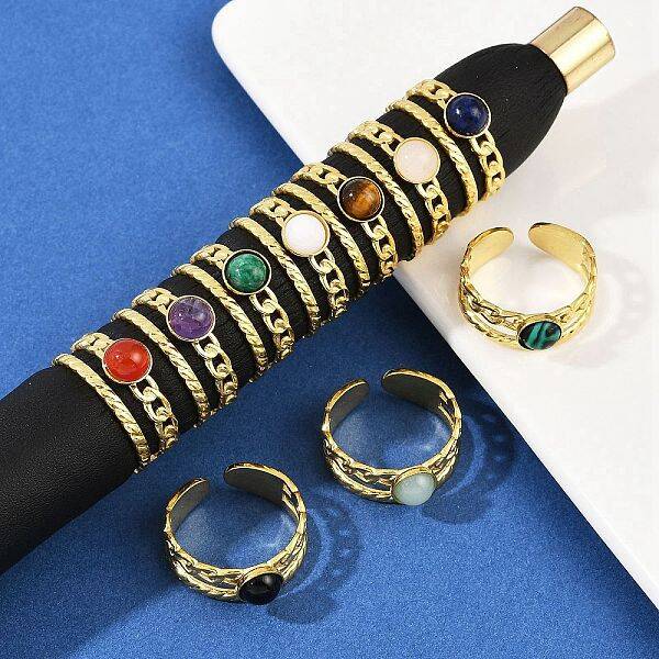 316 Stainless Steel with Natural Mixed Gemstone Cuff Rings