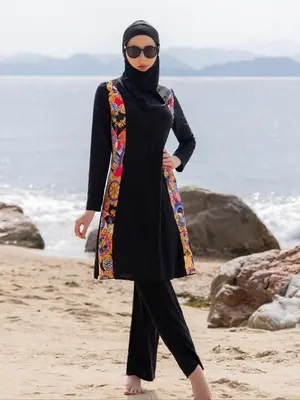 Women's Ethnic Pattern Long Sleeve Swim Top & Swim Pants & Hijab, Modesty Tight-fitting Three-piece Set, Casual Muslim Swimwe...