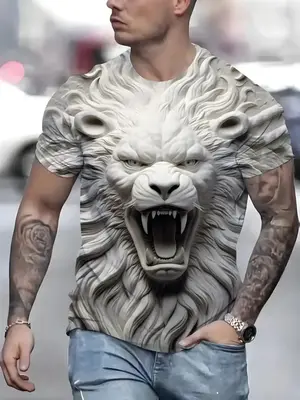 Men's 3D Lion Print Round Neck Graphic Tee, Regular Fit Street Short Sleeve T-shirt, T Shirts for Men, Menswear for Daily Wea...