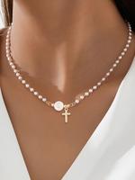 Faux Pearl Decorated Necklace for Women, Elegant Cross Charm Decor Necklace for Gift, Fashion All-match Accessories for Daily...