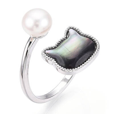 Natural Pearl Finger Open Cuff  Ring with Black Shell