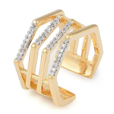 Hexagon Brass Micro Pave Clear Cubic Zirconia Multi-layer Open Cuff Ring for Women