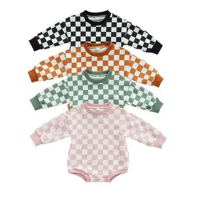 Baby Boy Girl Checkered Sweatshirt Romper Oversized Long Sleeve Bubble Bodysuit Top Gender Neutral Baby Fall Winter Clothes