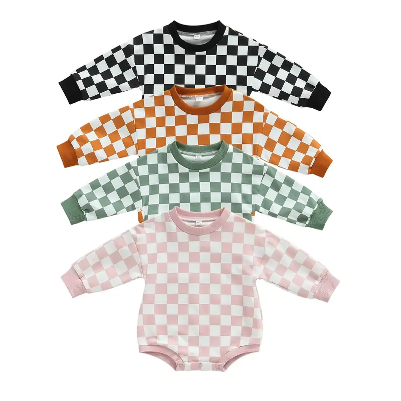 Baby Boy Girl Checkered Sweatshirt Romper Oversized Long Sleeve Bubble Bodysuit Top Gender Neutral Baby Fall Winter Clothes
