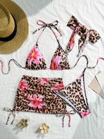 Women's Floral & Leopard Print Bikini Set, Casual Fashion Chic Swimsuit Set for Beach Holiday Vacation, Ladies Swimwear for S...