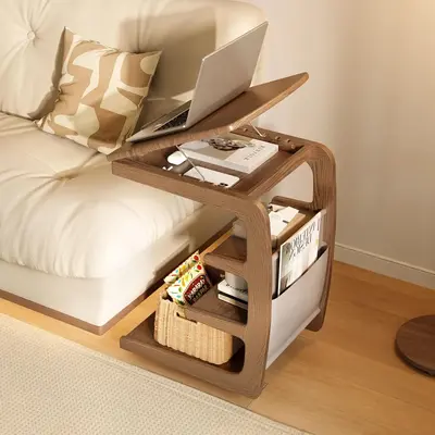 Solid Wood Side Table for Couch, Side Table with Wheels, Small 4-Tier End Tables with Storage Bag, Mobile Couch Table Adjusta...