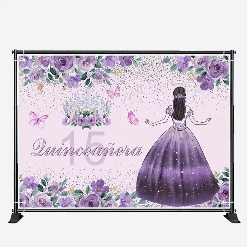 Purple Floral Quinceanera 15th Birthday Backdrop - Aperturee