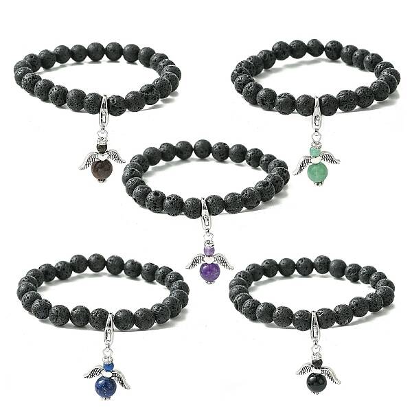 Natural Lava Rock & Gemstone Stretch Bracelet with Alloy Fairy Charms