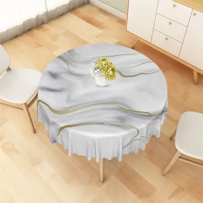 Golden Line Grey White Marble Print Round Tablecloth - Aperturee