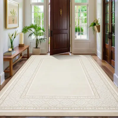 Garvee Modern Neutral Bordered Area Rug Beige 9x12, Ultra Soft Washable Polyester, Non-Slip Low-Pile, Geometric Pattern for L...