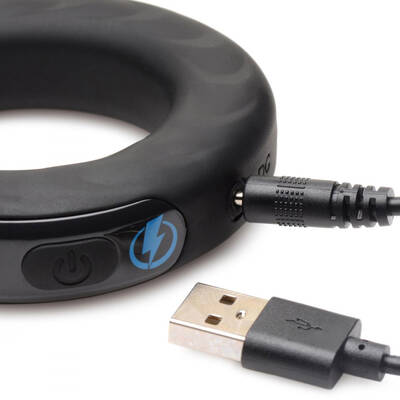 E-Stim and Vibrating Silicone Cock Ring 45mm With  Remote Control - Black