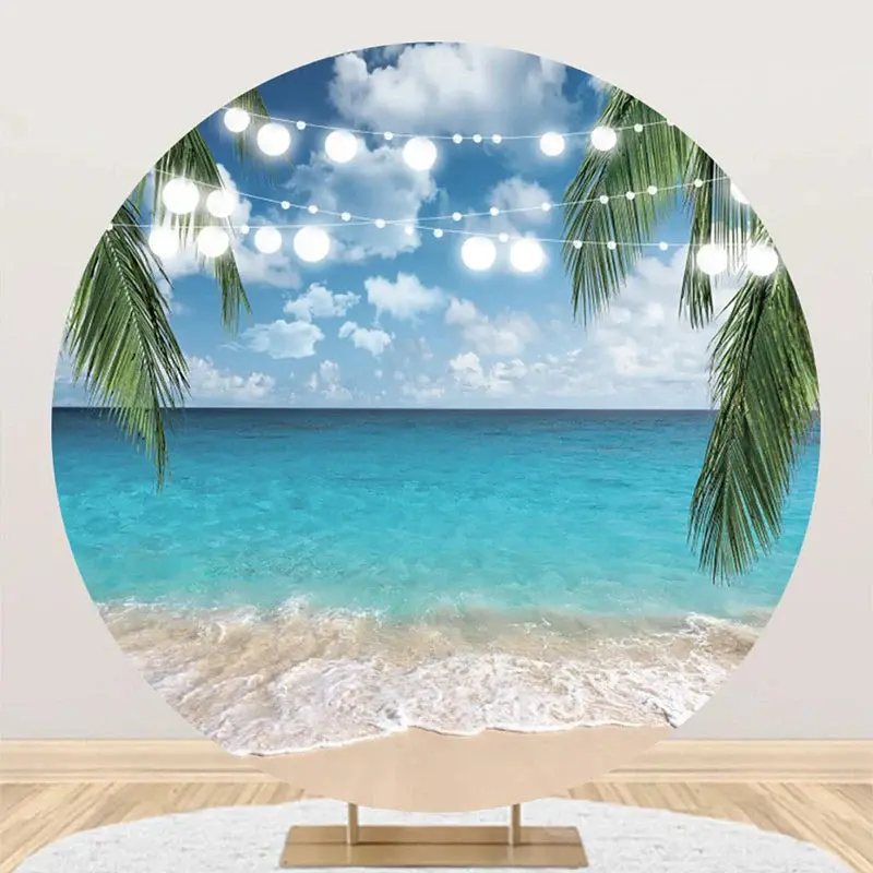 Light Strip Hawaii Beach Palm Leaves Round Backdrop