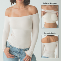 klassy Braless Off the Shoulder - Ribbed Fabric - Built-In-Bra & Customizable Padding - Women's Long Sleeve Top