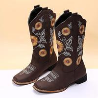 Gloryinterest Western Cowboy Boots for Women Brown Sunflower Embroidery Stitched Square Toe Low Heel US 6-10.5 Slip On Comfor...