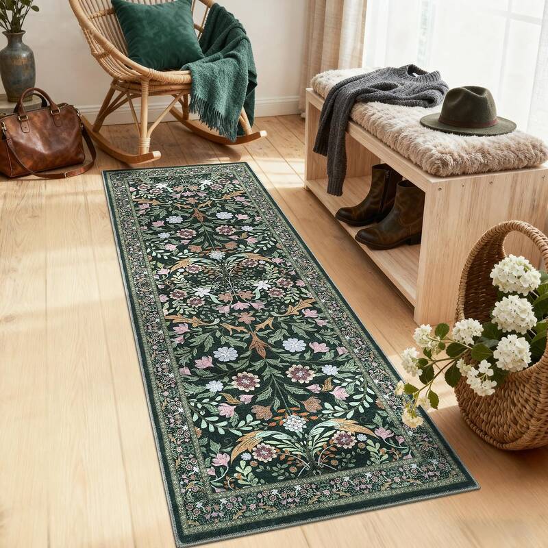 Garvee Floral Washable Runner Rug Non Slip Ultra-Thin Soft Floor Carpet Boho Flower Design Dark Green for Hallways Kitchen La...