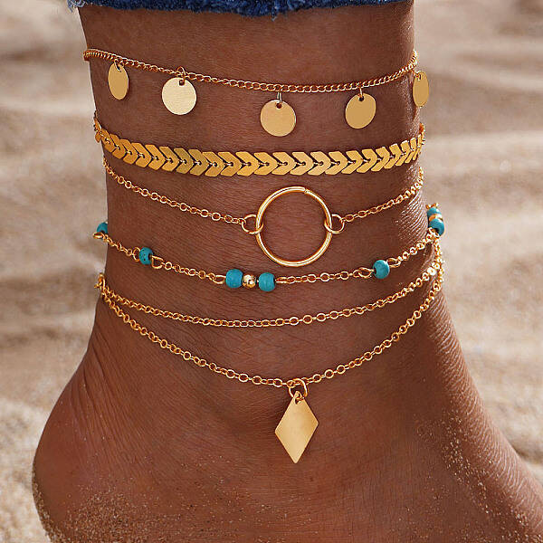 6Pcs Alloy Link & Charm Anklets