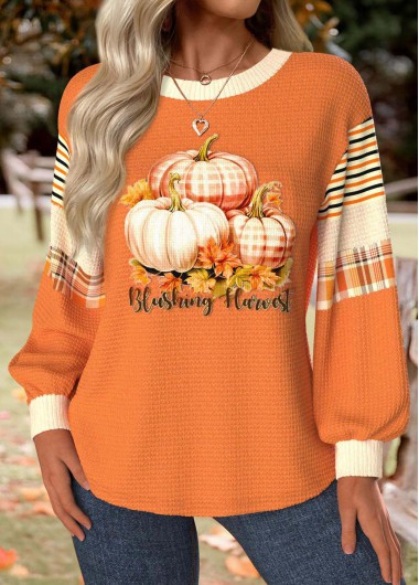 Modlily Halloween Neon Orange Tummy Coverage Pumpkin Print Sweatshirt - S
