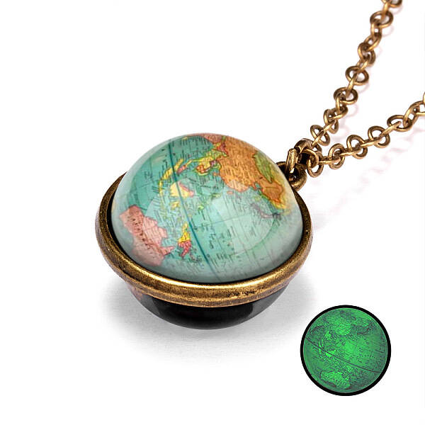 Luminous Glass Planet Pendant Necklace with Antique Golden Alloy Chains