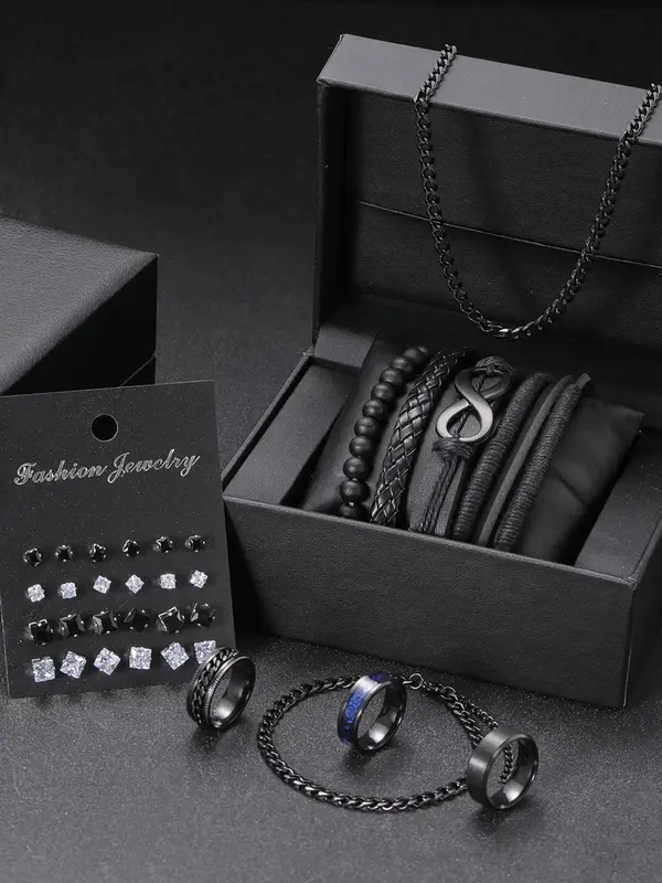 Men's Fashion Jewelry Set, 33 Counts Casual Rhinestone Decor Beaded & Drawstring Design Necklace & Bracelet & Stud Earrings &...