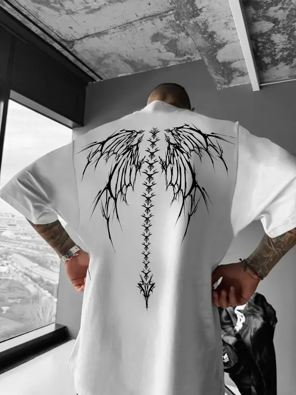 Men's Loose Skeleton Wing Print Drop Shoulder Tee, Street Fashion Casual Half Sleeve Round Neck T-shirt for Daily Wear, Men's...