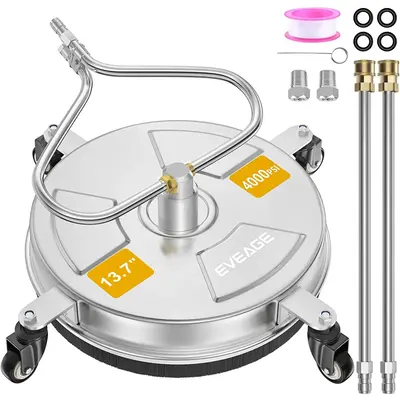 EVEAGE 13.7'' Pressure Washer Surface Cleaner with 4 Wheels Stainless Steel Surface Cleaner & Unique Bending Rod Design 2 Noz...