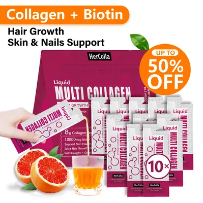 HerColla Multi Collagen Glow Shot Liquid Collagen Supplement Blood Orange Flavor, 10000mcg Biotin, Vitamin C & 8g Collagen Pe...
