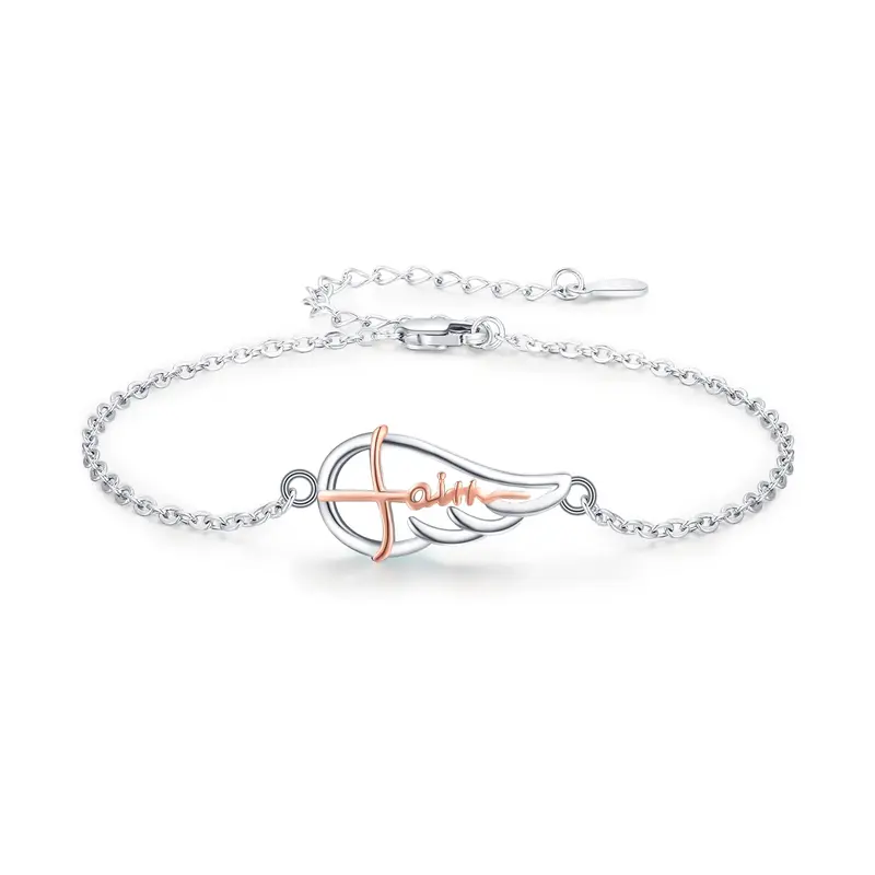 Sterling Silver Two-tone Angel Wing Charm Bracelet with Engraved Word