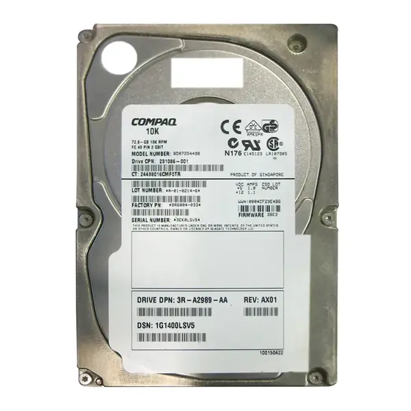 231086-001 HP 72.8GB 2Gb/s Fibre Channel 10000 3.5-inch Hard Drive