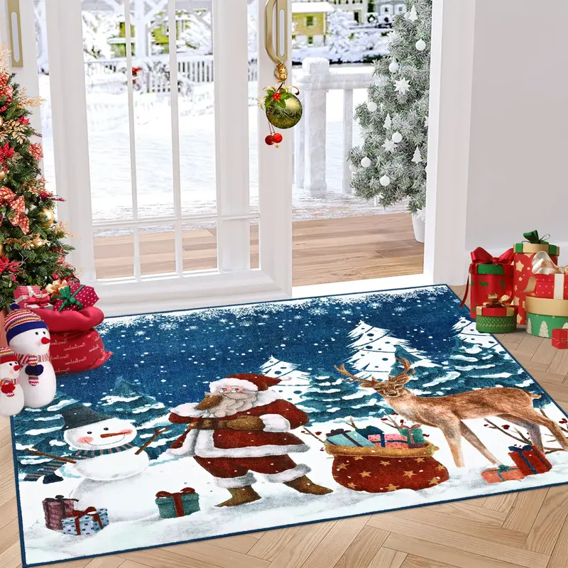 Garvee Christmas Rugs 2x3 Blue Washable Entryway Rug Soft Non-Slip Christmas Doormat Santa Claus Elk Print Xmas Small Kitchen...