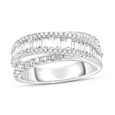 14K White Gold Round Shaped & Baguette Diamond Custom Couple Stackable Ring I Color I2 Clarity 3EX IGI Certified
