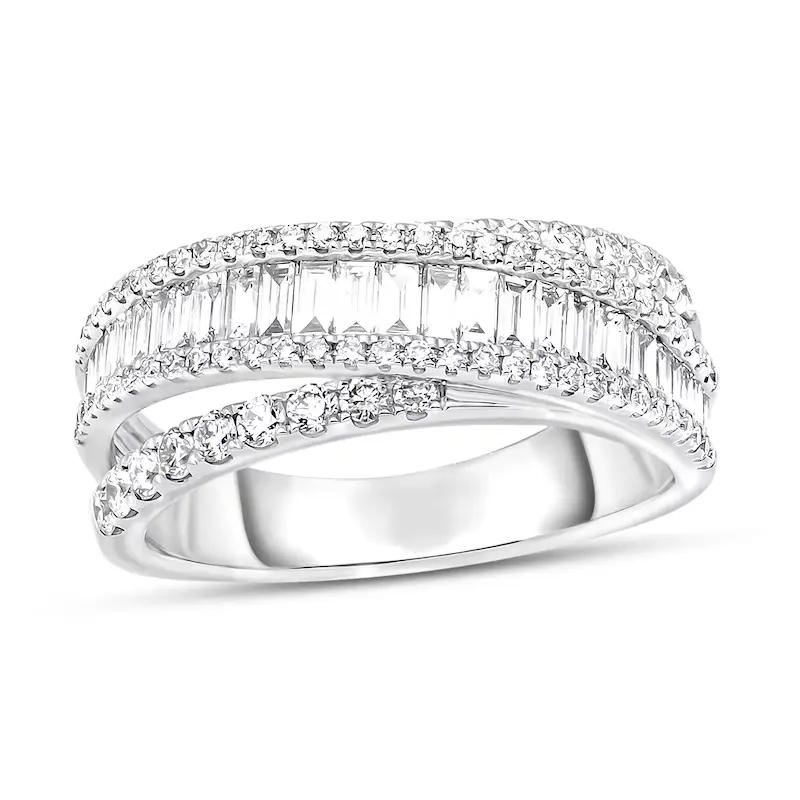 14K White Gold Round Shaped & Baguette Diamond Custom Couple Stackable Ring I Color I2 Clarity 3EX IGI Certified