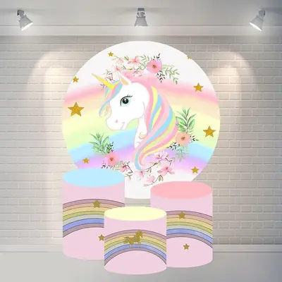 Aperturee Round Unicorn Rainbow Happy Birthday Backdrop For Girl | Custom Circle Backdrop Birthday | Circle Party Backdrop | ...