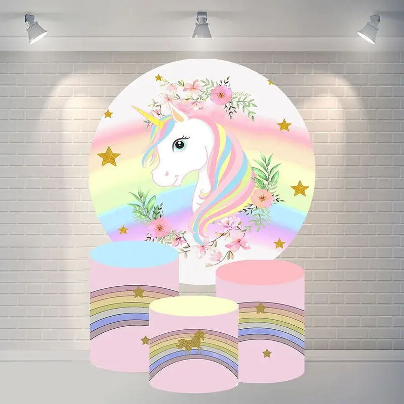 Aperturee Round Unicorn Rainbow Happy Birthday Backdrop For Girl | Custom Circle Backdrop Birthday | Circle Party Backdrop | ...