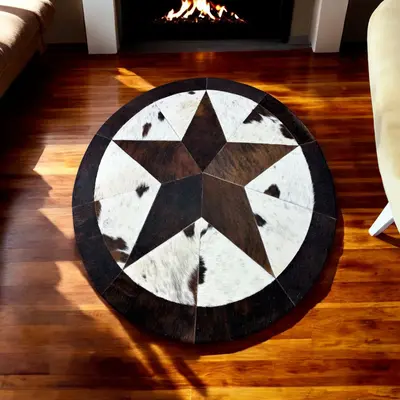 Cowhide Patchwork Round Rug, Flower, Spiral, Compass, Star, Moon, Buffalo and Horn Shape Round Rugs