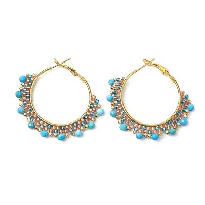 Boho Faceted Natural Magnesite(Dyed) & Glass Hoop Earrings for Women