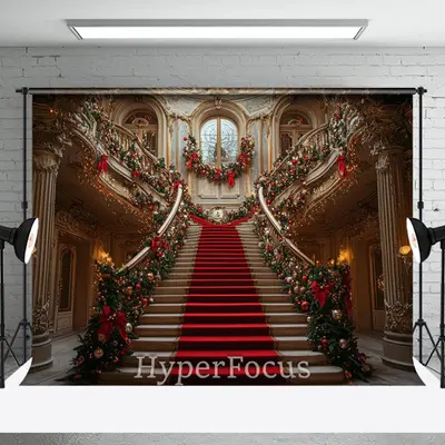 Luxury Gold Palace Stairs Festive Christmas Backdrop - Aperturee
